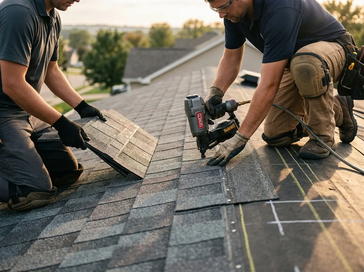 Professional roofer working on a residential roof in Oconomowoc